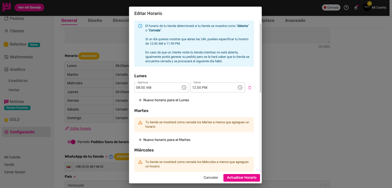 Configuración de horario