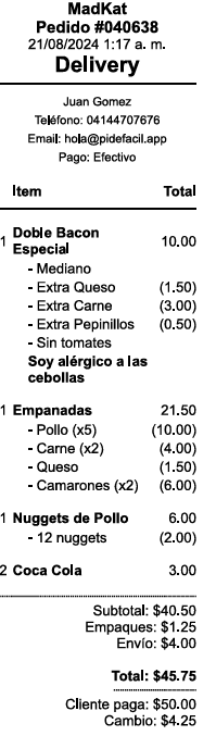 Ejemplo de ticket impreso
