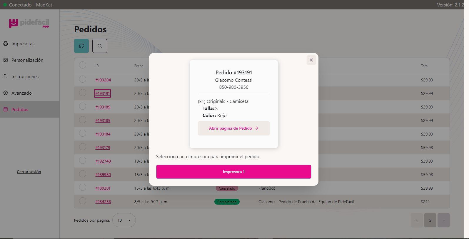 Imprimir pedido - Paso 2