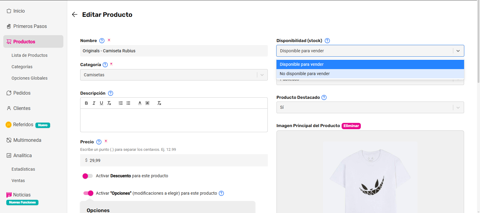 Editar producto - Cambiar disponibilidad