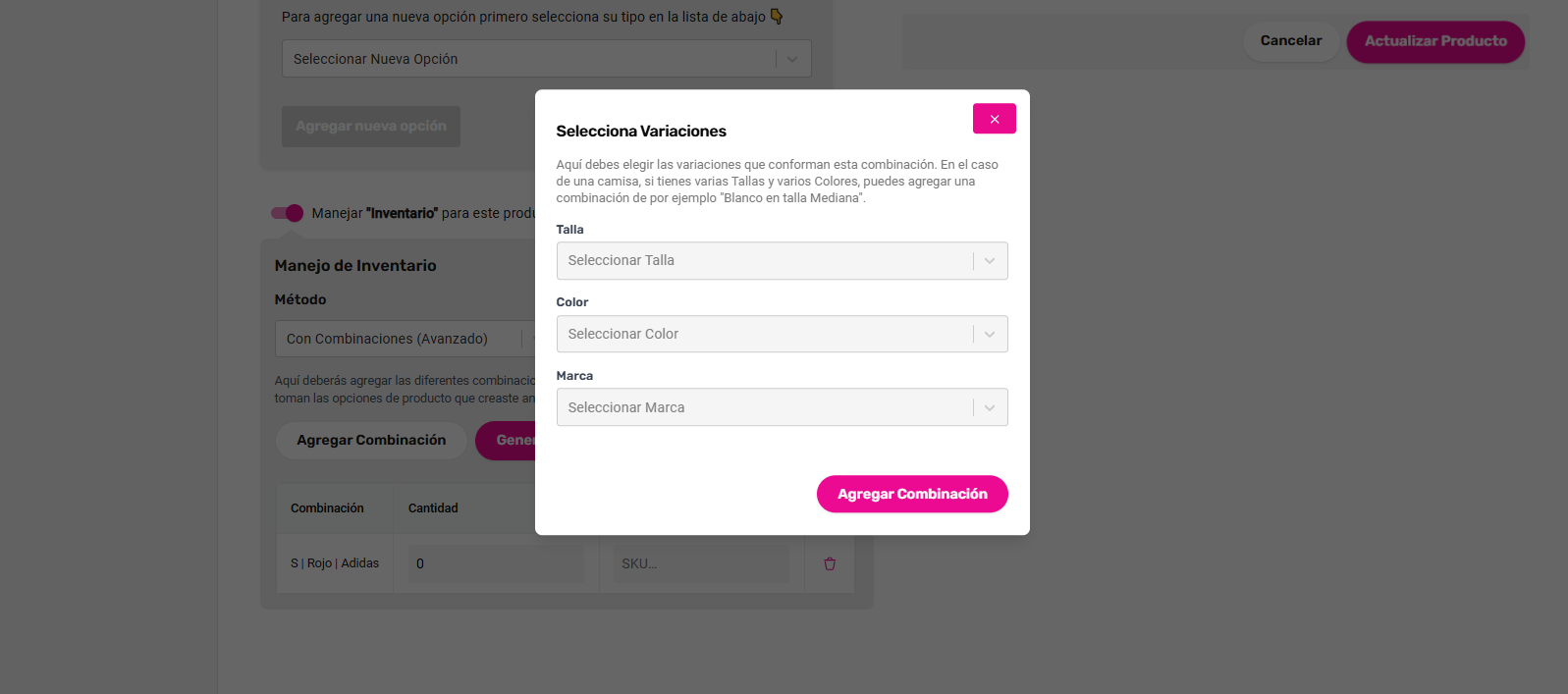 Crear combinación manual