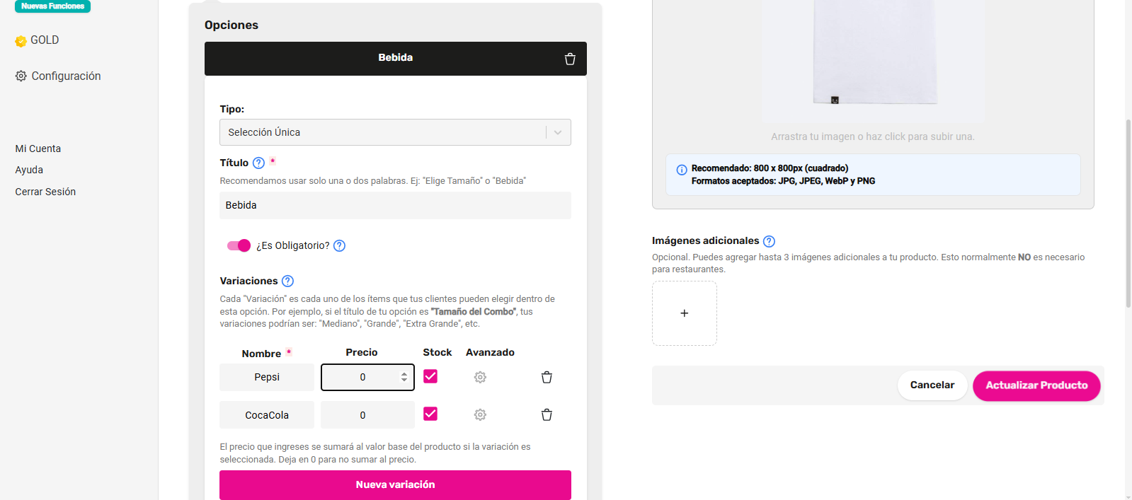 Crear opciones de producto