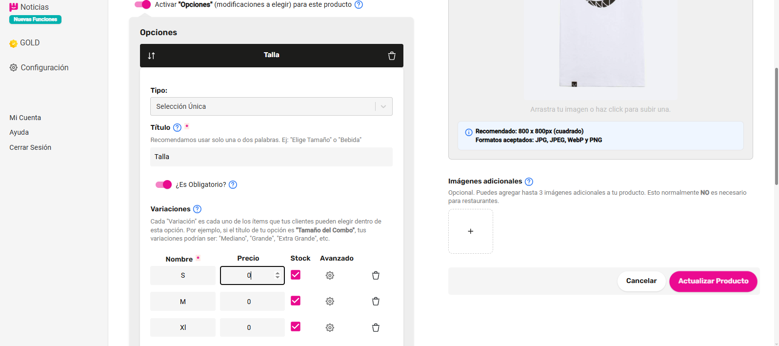Activar opciones para combinaciones