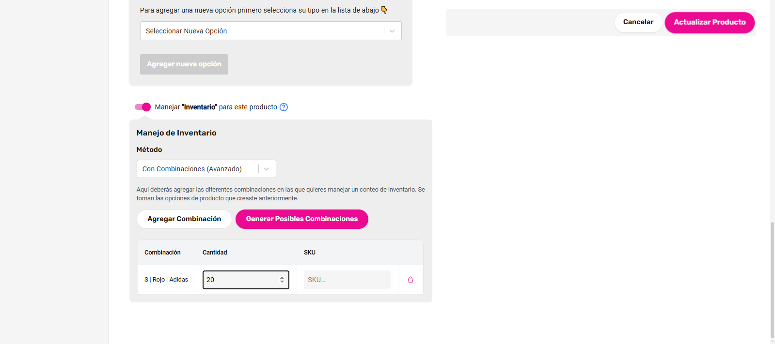 Inventario por combinaciones